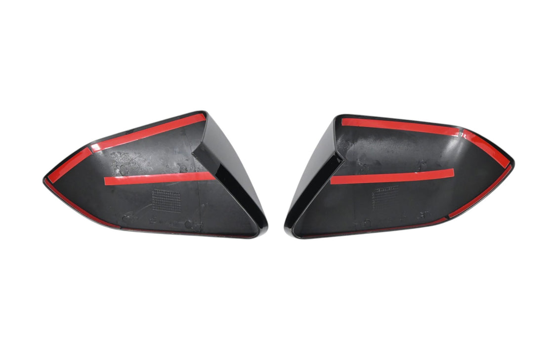 Back of MC6408BLK gloss black mirror covers with pre-applied red-backed adhesive tape for 2024 Ford Mustang
