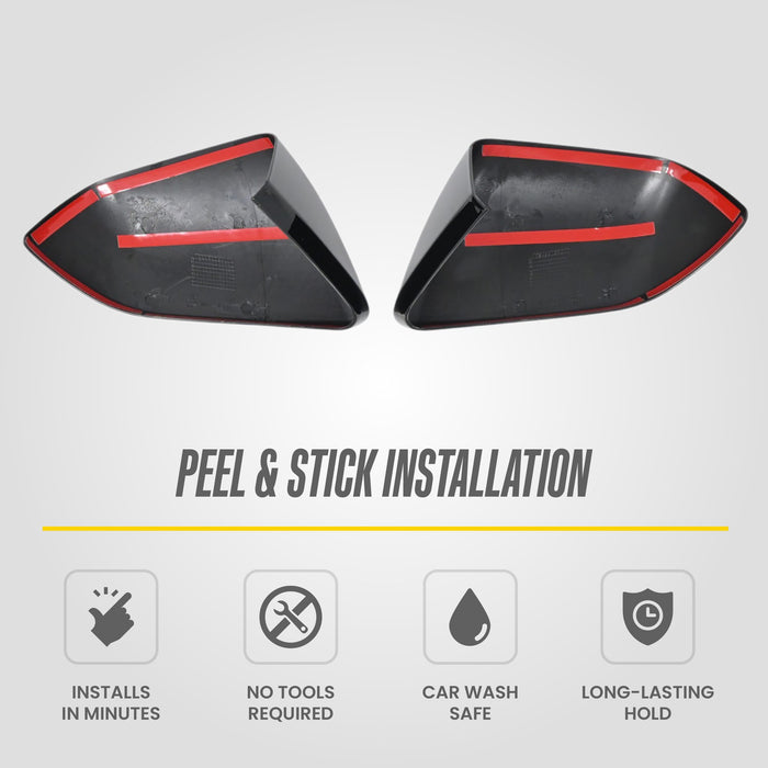 Peel and stick installation: MC6408BLK 2015 Ford Mustang mirror covers with pre-applied adhesive tape