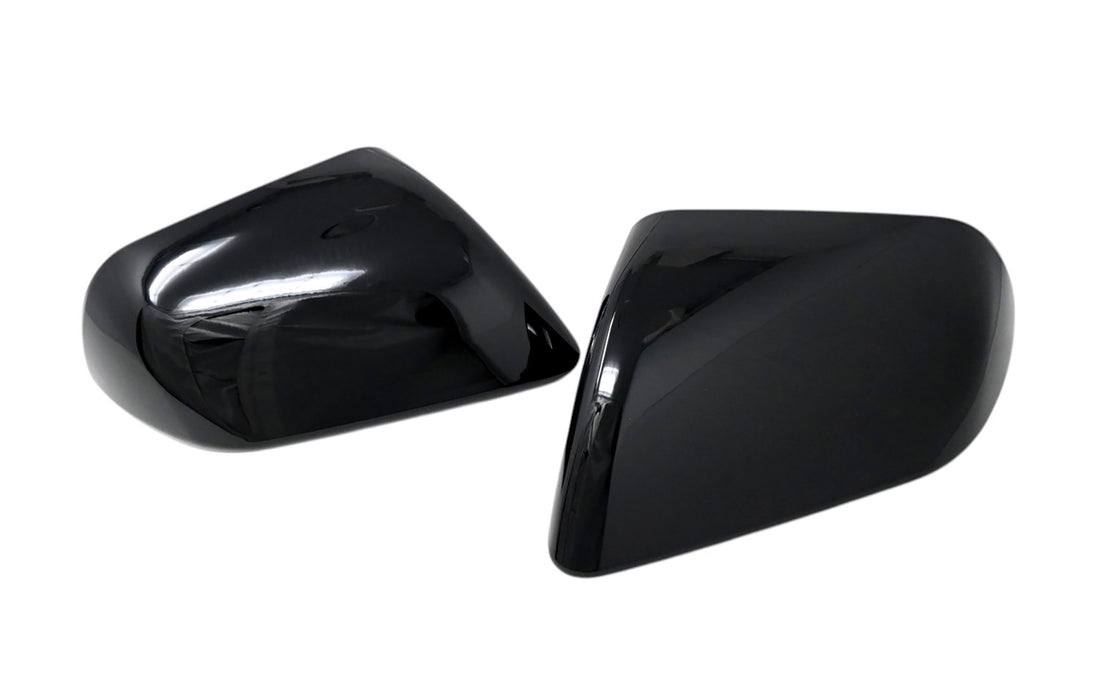 MC6408BLK gloss black mirror covers for 2026 Ford Mustang, angled view of the 2-piece set
