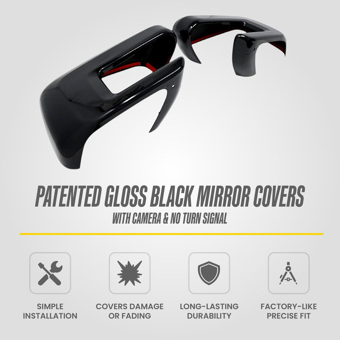 MC6411BLK patented gloss black mirror covers for 2021 Ford F-150 (no turn signal, with camera) - feature icons