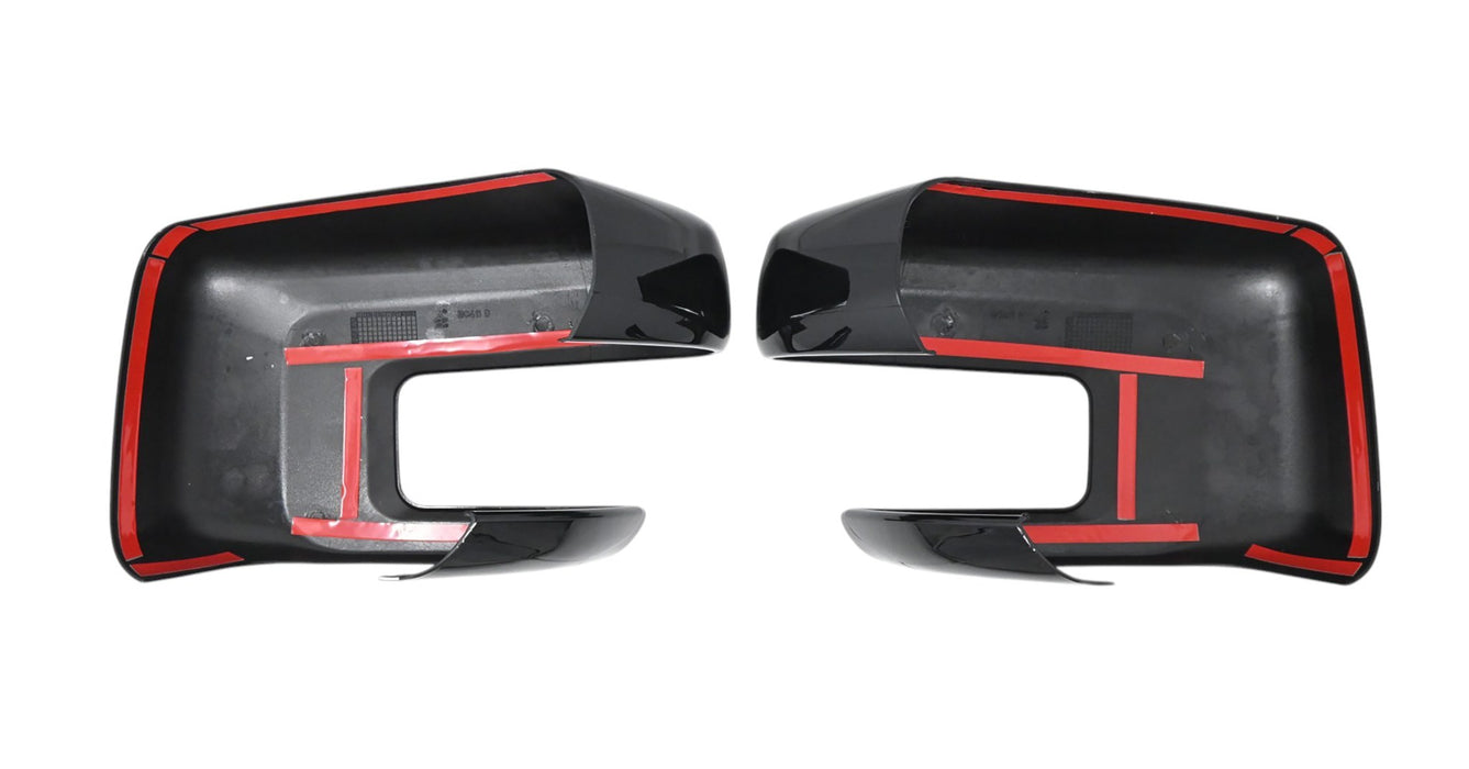 Back of MC6411BLK gloss black mirror covers with pre-applied red-backed adhesive tape for 2022 Ford F-150
