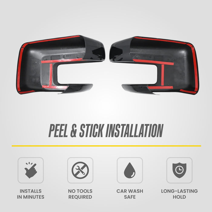 Peel and stick installation: MC6411BLK 2023 Ford F-150 mirror covers with pre-applied adhesive tape