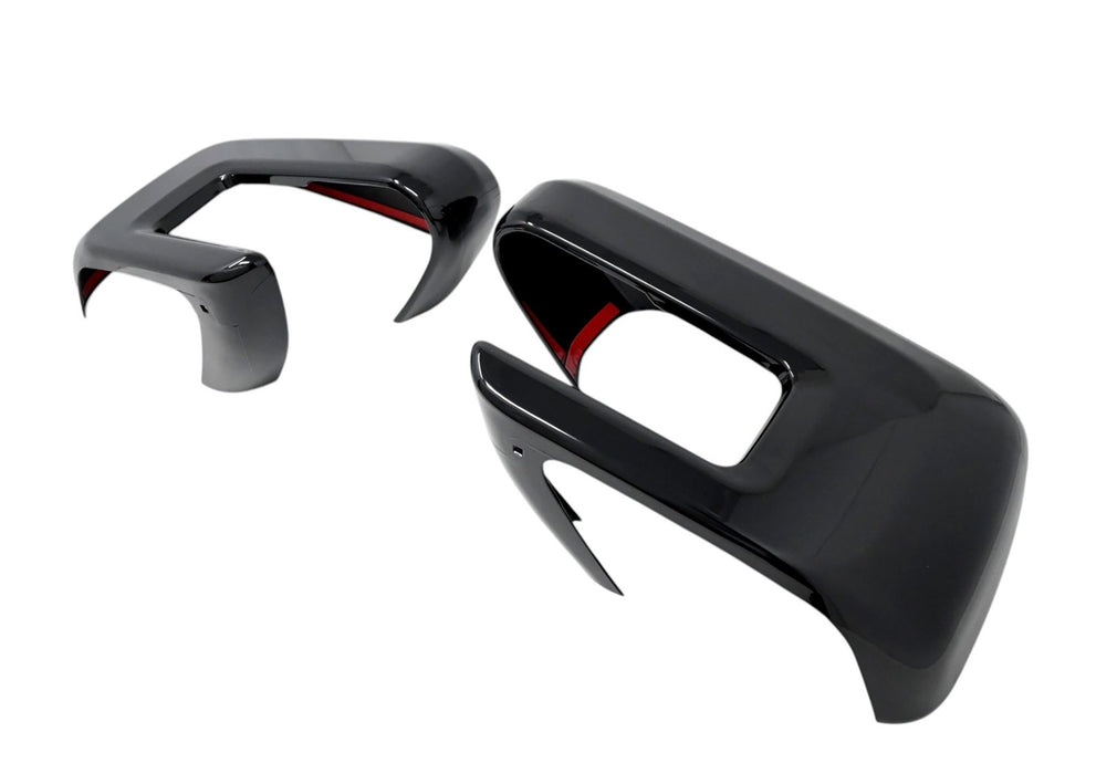 MC6411BLK gloss black mirror covers for 2021 Ford F-150, angled view of the 2-piece set