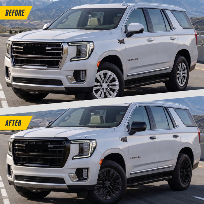 Before and after SM6112BLK gloss black door moldings on 2023 GMC Yukon