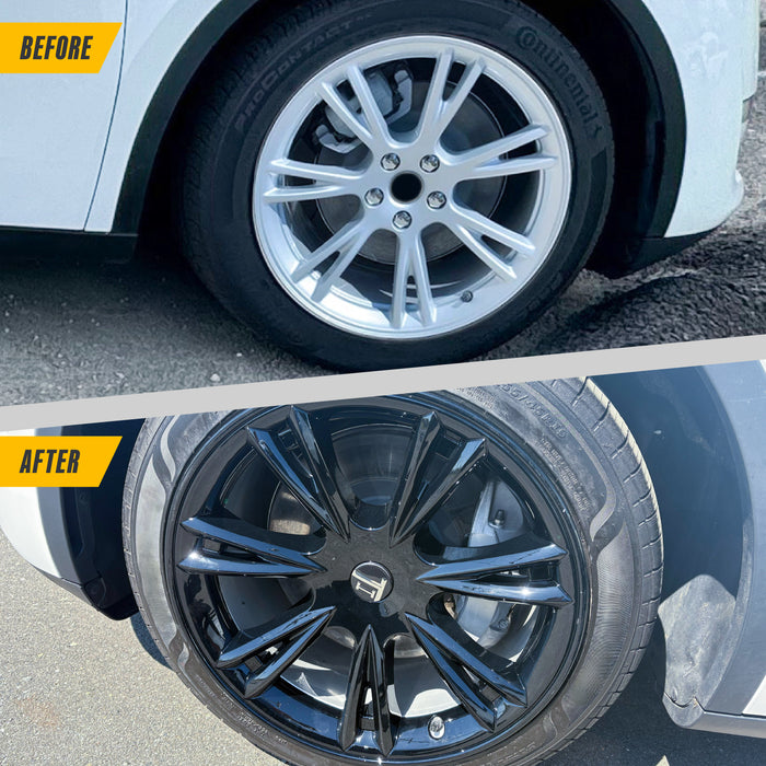 Before and after WC120-19BLK gloss black wheel covers on 2021 Tesla Model Y