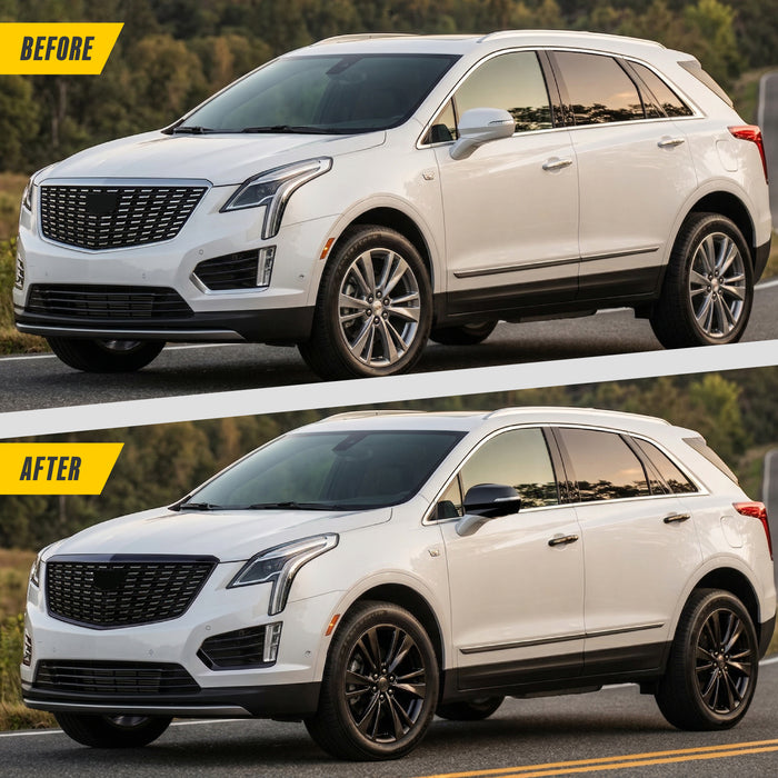 Before and after WSK708-18BLK gloss black wheel skins on 2021 Cadillac XT5 factory 18-inch wheels