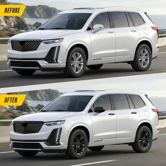 Before and after WSK708-18BLK gloss black wheel skins on 2022 Cadillac XT6 factory 18-inch wheels