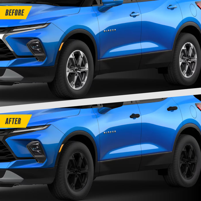 Before and after WSK711-18BLK gloss black wheel skins on 2026 Chevrolet Blazer factory 18-inch wheels
