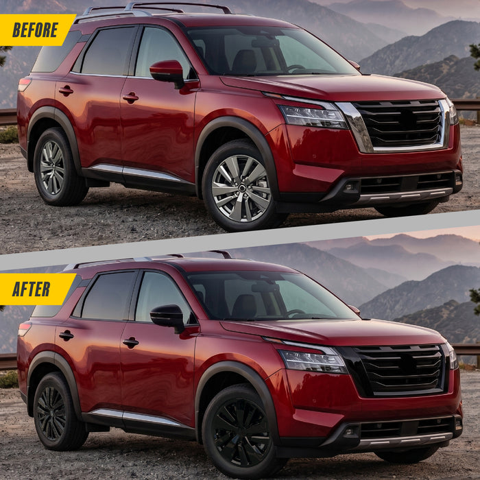 Before and after WSK714-18BLK gloss black wheel skins on 2026 Nissan Pathfinder factory 18-inch wheels