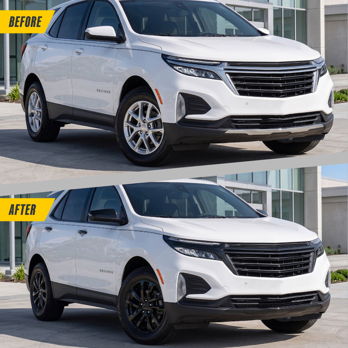 Before and after WSK720-17BLK gloss black wheel skins on 2022 Chevrolet Equinox factory 17-inch wheels