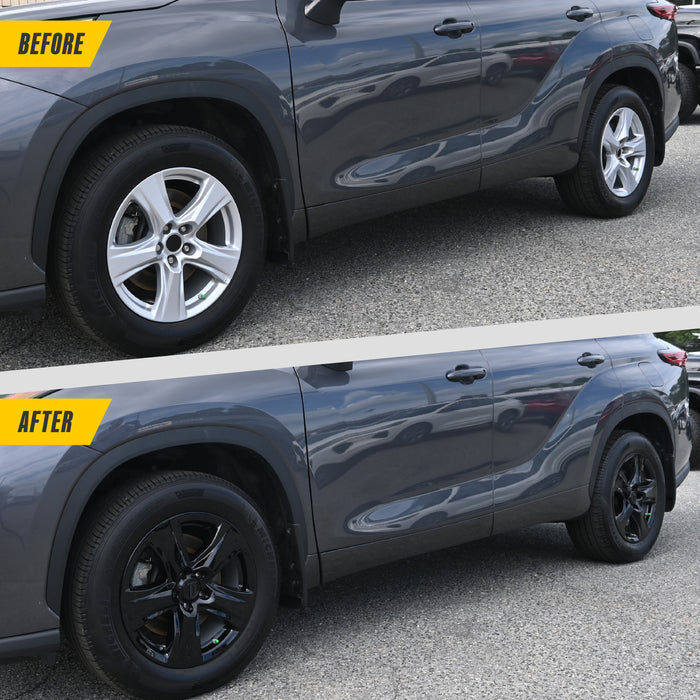 Before and after: factory silver 18-inch wheel vs WSK723-18BLK Gloss Black Wheel Skin on 2022 Toyota Highlander