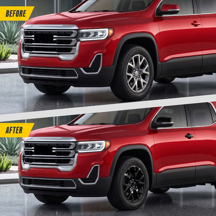 Before and after WSK725-18BLK gloss black wheel skins on 2022 GMC Acadia factory 18-inch wheels