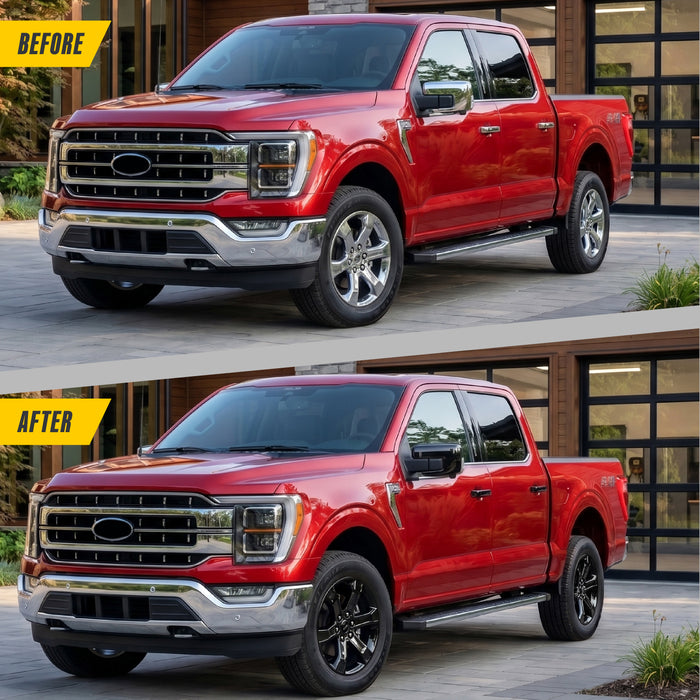 Before and after WSK726-20BLK gloss black wheel skins on 2023 Ford F-150 factory 20-inch wheels