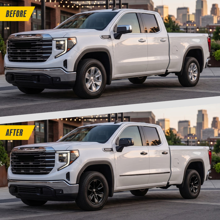Before and after WSK729-17BLK gloss black wheel skins on 2023 GMC Sierra 1500 factory 17-inch wheels