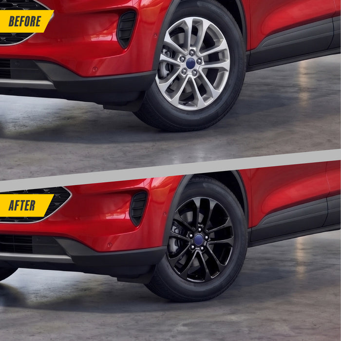 Before and after WSK730-17BLK gloss black wheel skins on 2022 Ford Escape SE factory 17-inch wheel