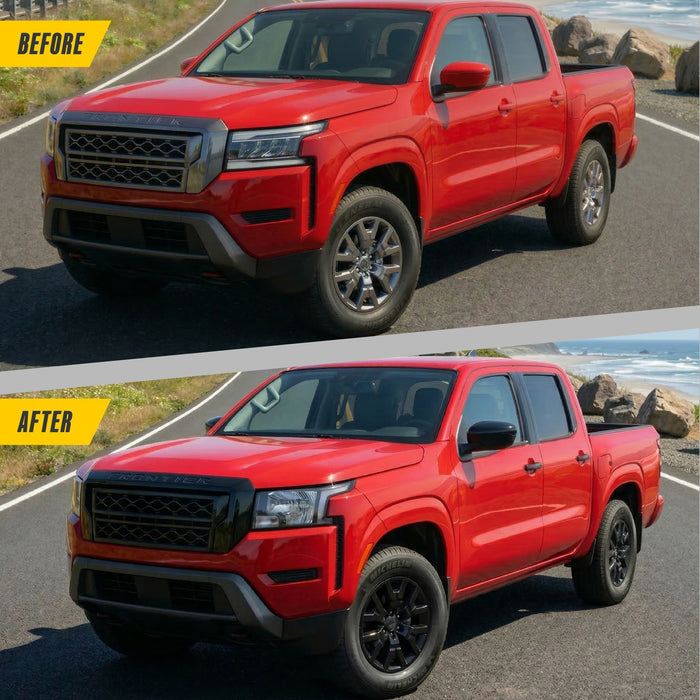 Before and after: Nissan Frontier factory look vs WSK750-17BLK gloss black wheel skins