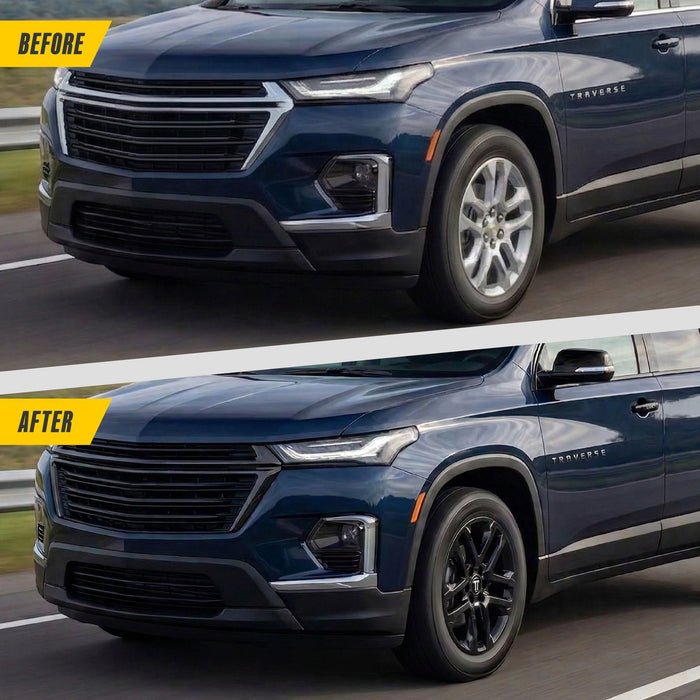 Before and after: Chevrolet Traverse factory look vs WSK755-18BLK gloss black wheel skins
