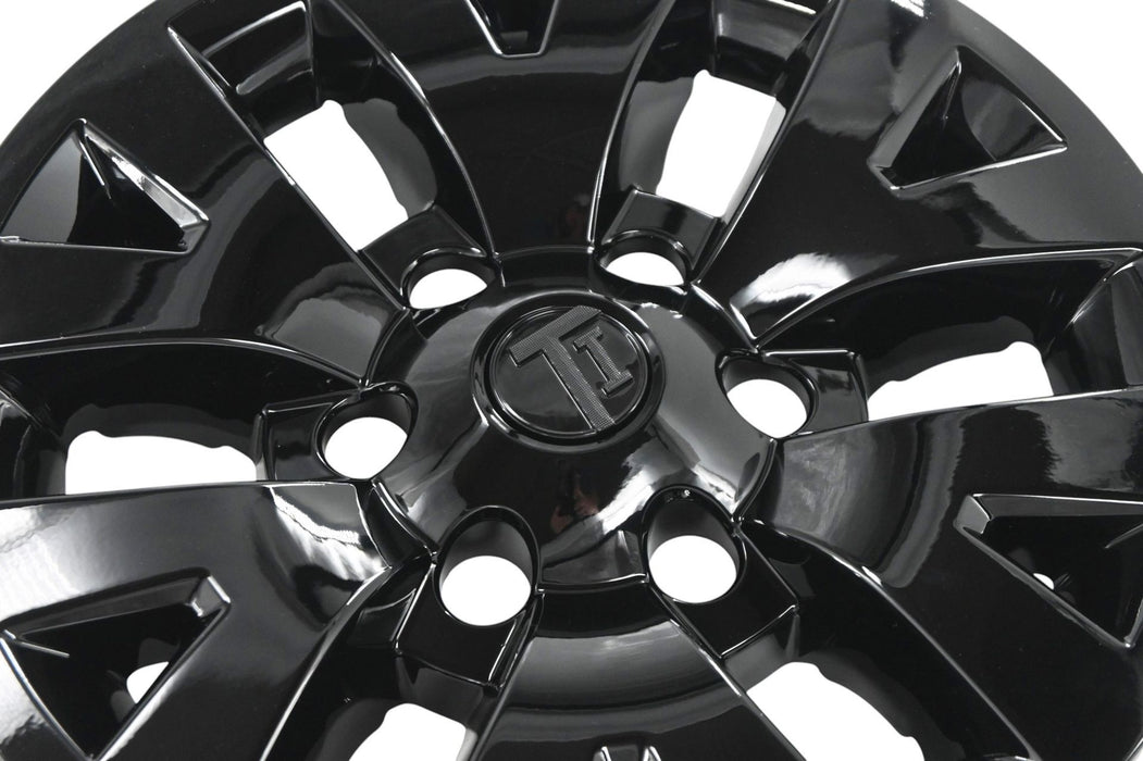 Close-up of WSK756-16BLK gloss black wheel skins for 2017 Toyota Tacoma