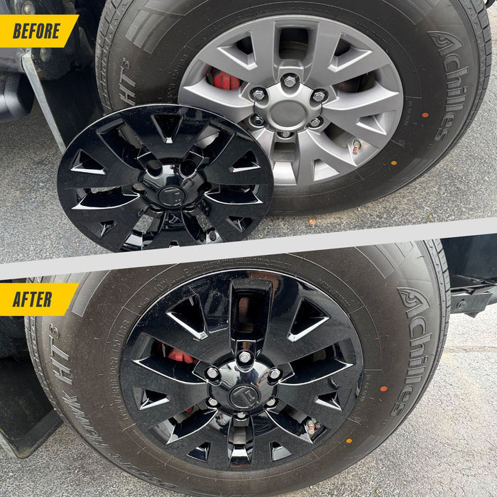 Before and after: Toyota Tacoma factory look vs WSK756-16BLK gloss black wheel skins