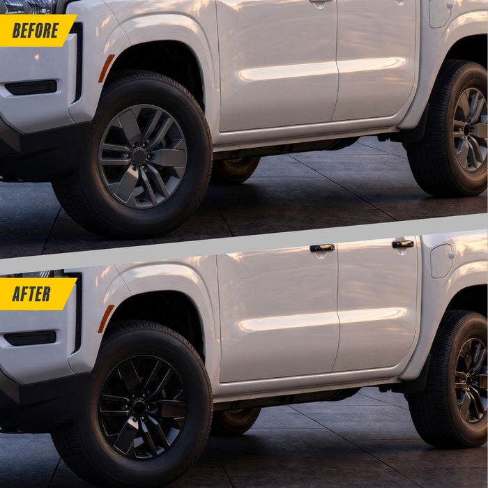 Before and after: Nissan Frontier factory look vs WSK816-17BLK gloss black wheel skins