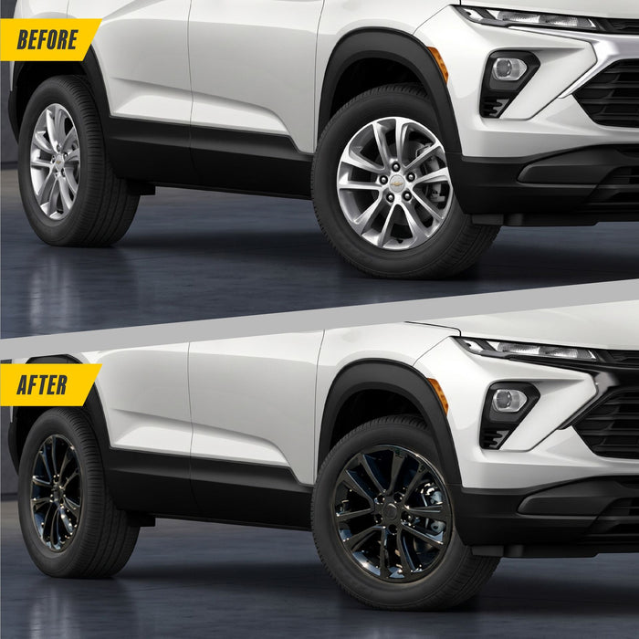 Before and after: Chevrolet Trailblazer factory look vs WSK817-17BLK gloss black wheel skins