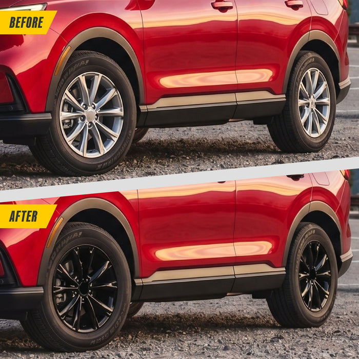 Before and after: Honda CR-V factory look vs WSK820-18BLK gloss black wheel skins