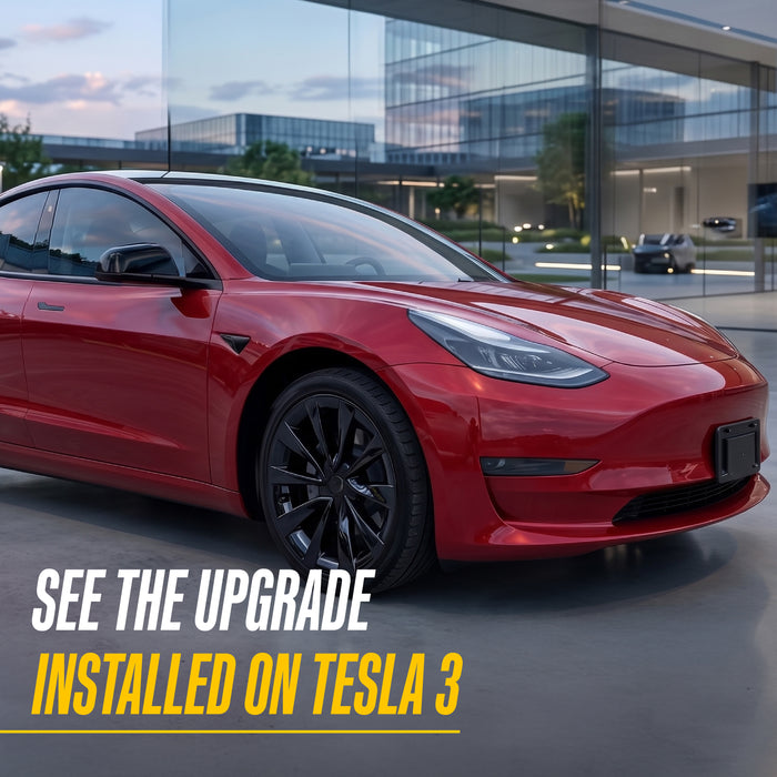 Red 2017 Tesla Model 3 with Trim Illusion WSK821-19BLK Gloss Black Wheel Skins installed