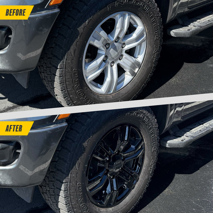 Before and after WSK832-17BLK gloss black wheel skins on 2023 Ford Ranger XL factory 17-inch wheels