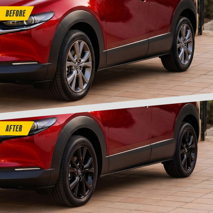 Before and after: Mazda CX-30 factory look vs WSK840-18BLK gloss black wheel skins