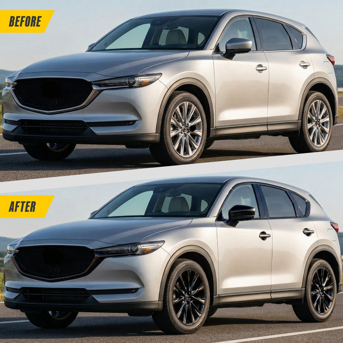 Before and after: Mazda CX-5 factory look vs WSK854-17BLK gloss black wheel skins
