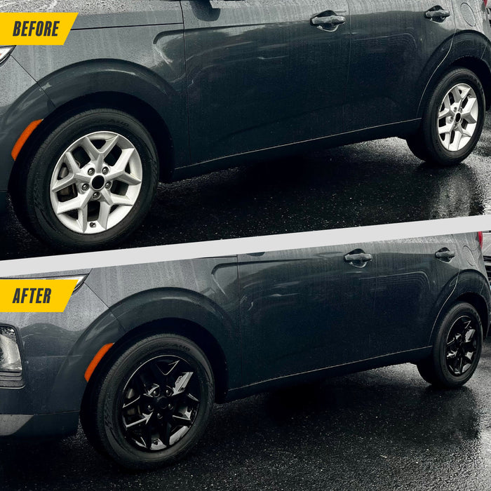 Before and after WSK860-16BLK gloss black wheel skins on 2021 Kia Soul S factory 16-inch wheels