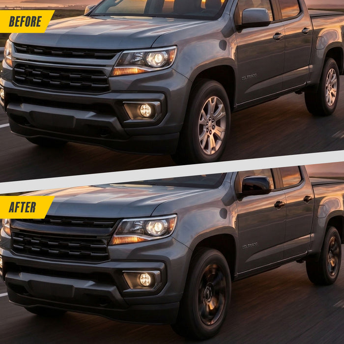 Before and after: Chevrolet Colorado factory look vs WSK865-17BLK gloss black wheel skins